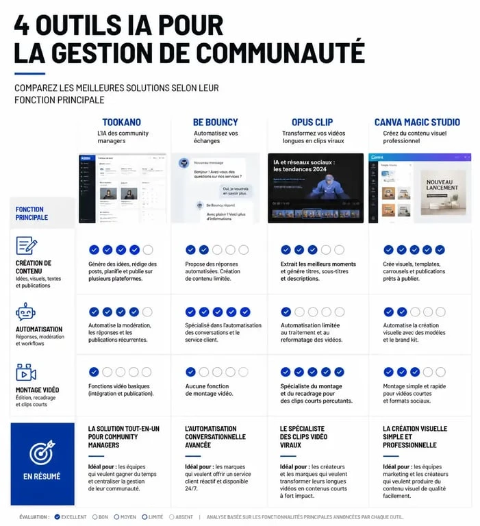 Comparatif des meilleurs outils IA pour le community management : Tookano, Be Bouncy, Opus Clip et Canva