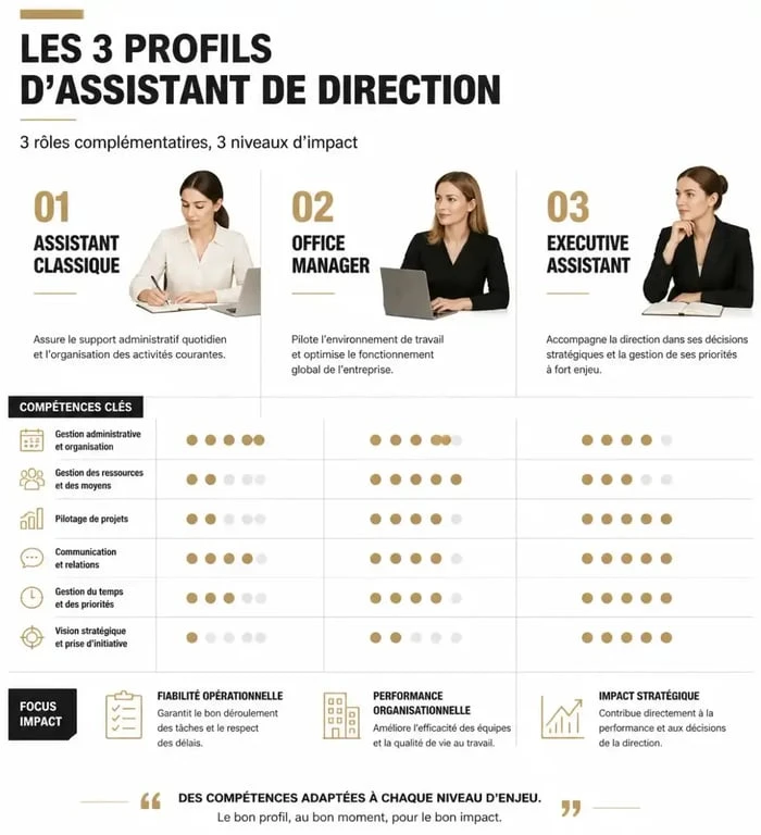 Infographie des compétences clés pour assistante de direction et évolution de carrière.