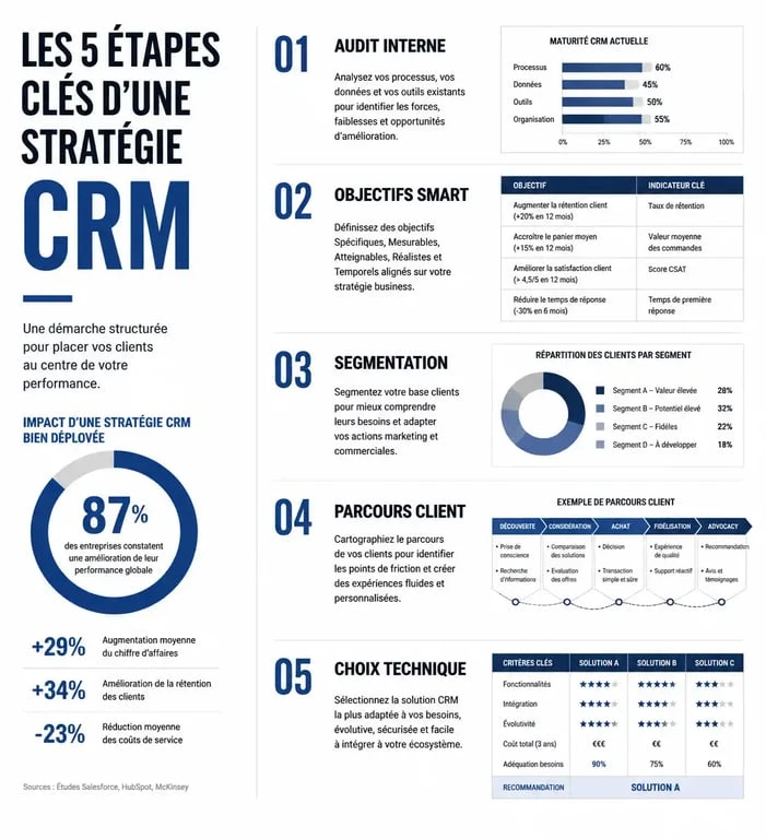 Infographie des 5 étapes pour réussir sa stratégie CRM