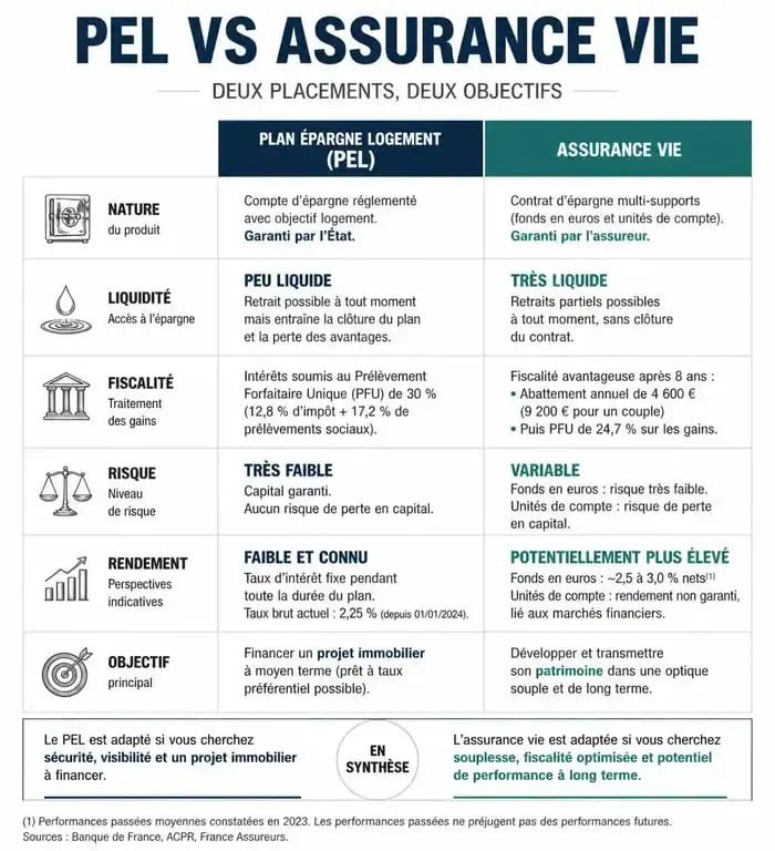 Comparatif visuel entre le PEL et l'assurance vie pour choisir le meilleur placement financier