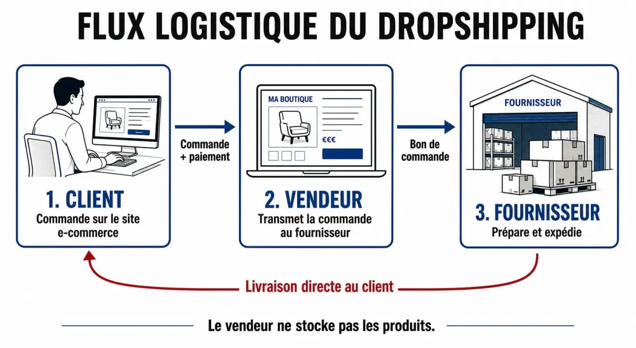 Schéma du fonctionnement du e-commerce en dropshipping : flux entre client, vendeur et fournisseur