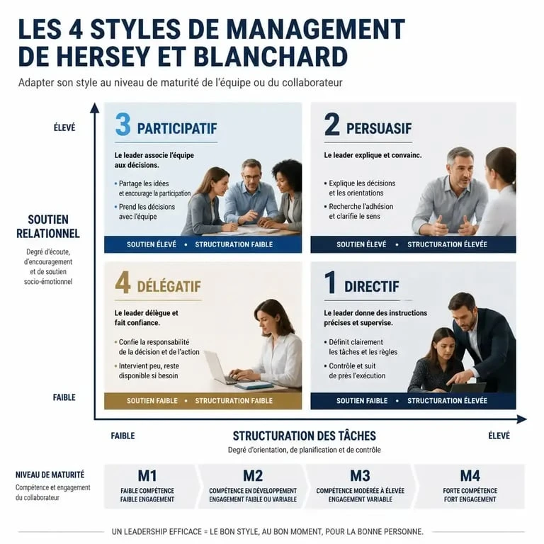Infographie comparant les quatre styles de management : directif, persuasif, participatif et délégatif selon le modèle de Hersey et Blanchard.