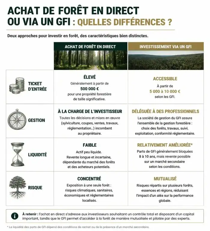 Comparatif investissement forestier : achat en direct vs Groupement Forestier d'Investissement (GFI)