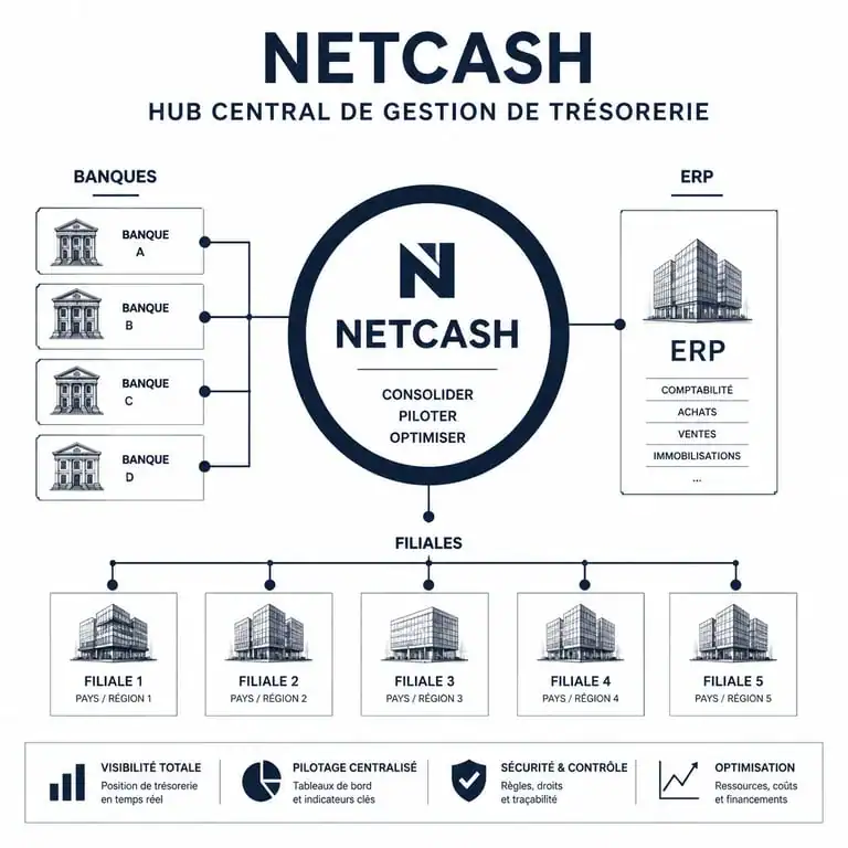 Schéma du fonctionnement de la plateforme de gestion de trésorerie NetCash de BNP Paribas