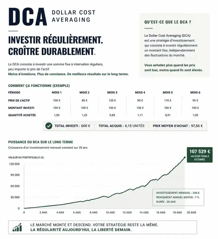 Infographie sur la stratégie d'investissement DCA pour investir en bourse avec un petit budget