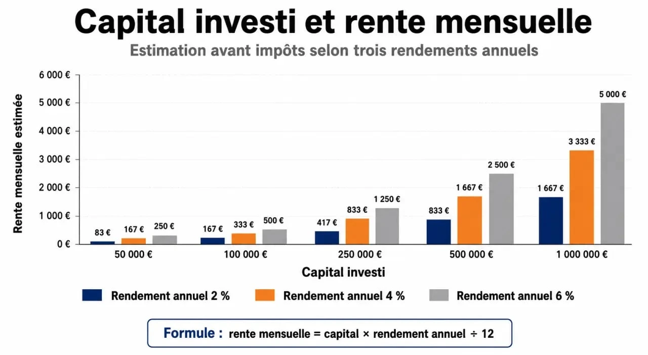 Graphique comparatif du capital nécessaire pour obtenir une rente mensuelle selon le taux de rendement du placement