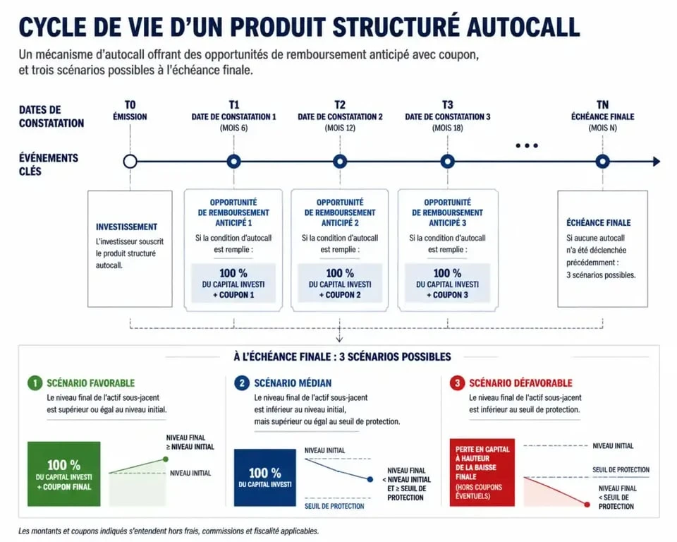 Schéma explicatif du fonctionnement d'un produit structuré autocall et ses scénarios de remboursement.