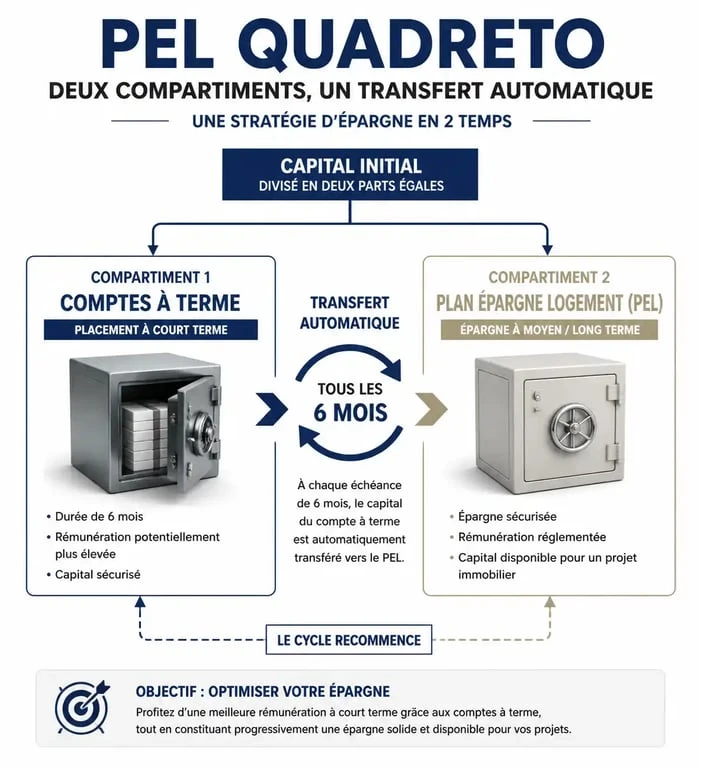 Schéma explicatif du fonctionnement du PEL Quadreto et de sa structure hybride avec comptes à terme