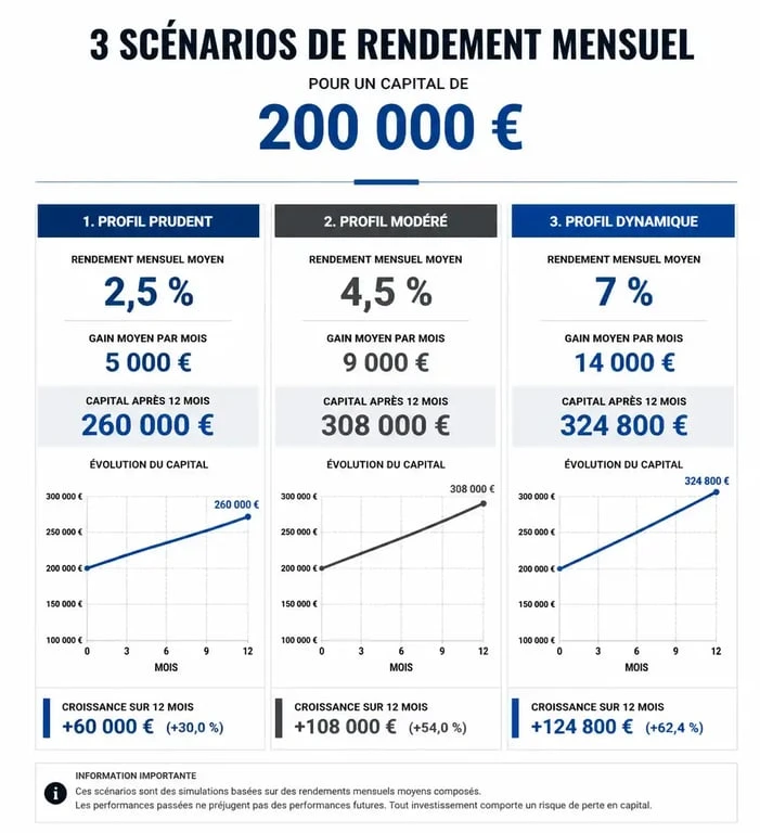 Infographie comparant les rendements mensuels pour un placement de 200 000 euros selon le profil de risque