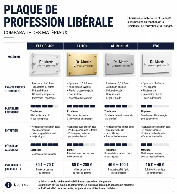 Infographie comparative des matériaux pour plaque de profession libérale : plexiglas, laiton, aluminium et PVC