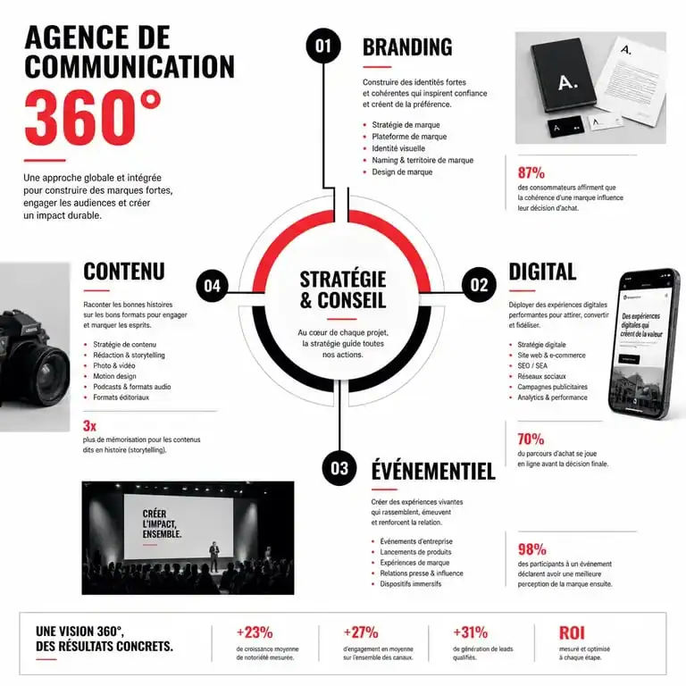Infographie expliquant les services d'une agence de communication 360 : branding, digital, événementiel et contenu.