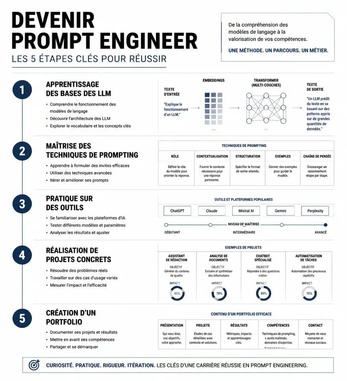 Infographie des étapes pour devenir prompt engineer et se former à l'IA