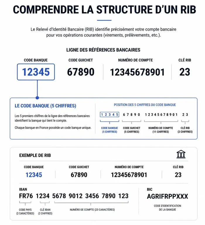 Schéma explicatif de la structure d'un RIB français pour identifier le code banque