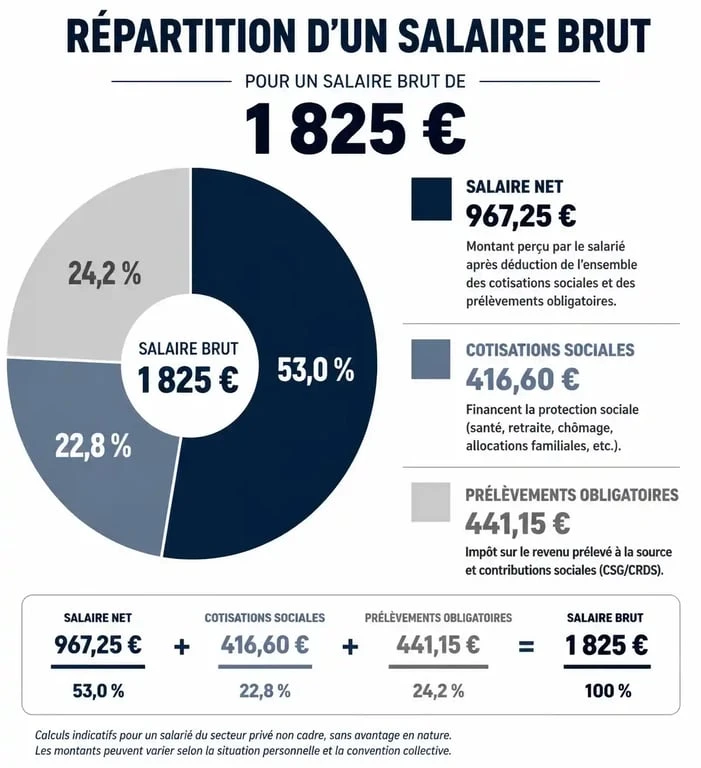 Répartition d'un salaire de 1825 euros brut en net et cotisations sociales