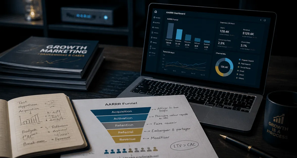 Formation growth marketing avec IA et funnel AARRR, tableau de bord et schéma.