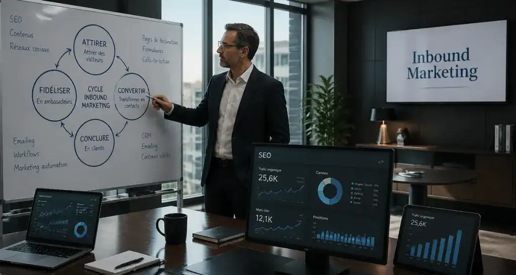 Inbound marketing définition, schéma des 4 piliers sur tableau blanc