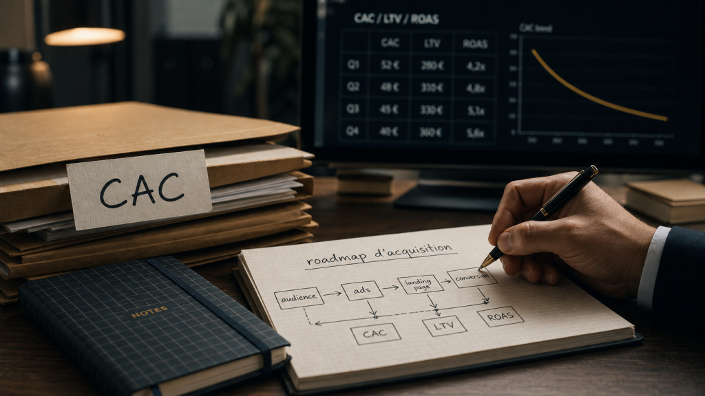 Stratégie d acquisition : schéma CAC LTV sur tableau ROAS
