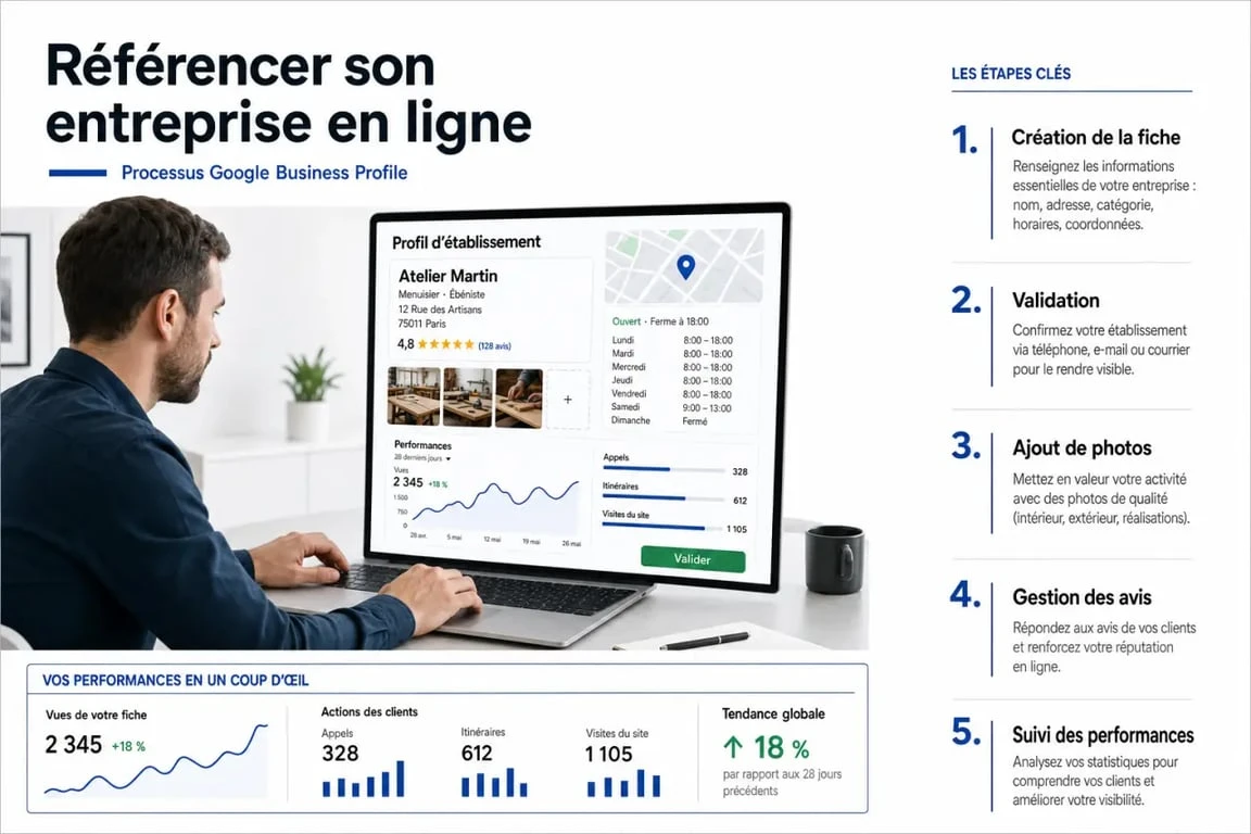 Référencer son entreprise sur Google avec une illustration des étapes Google Business Profile