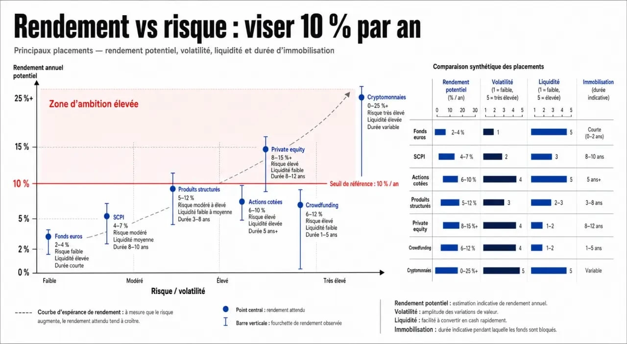 Placement 10 par an : comparaison visuelle des rendements et des risques des principaux placements financiers