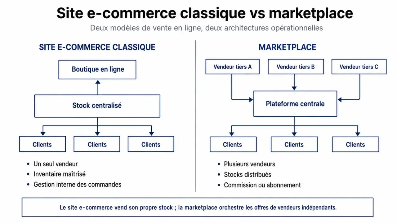 Infographie comparative : différence entre site e-commerce classique et marketplace pour comprendre la définition