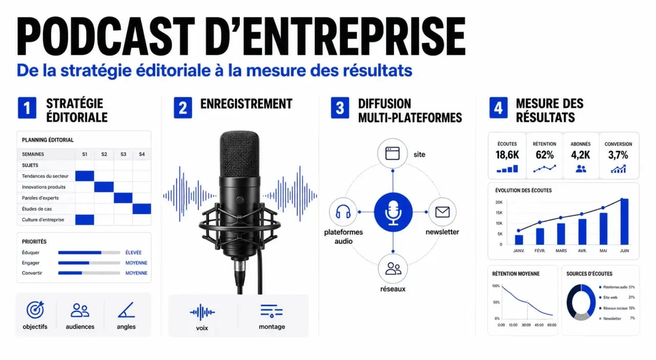 Podcast entreprise : illustration éditoriale des étapes pour lancer un podcast d’entreprise