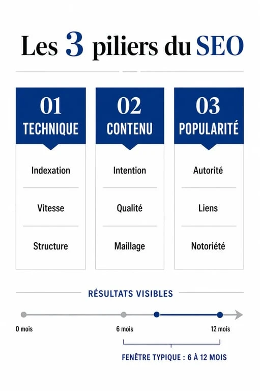 Infographie des trois piliers du référencement naturel SEO