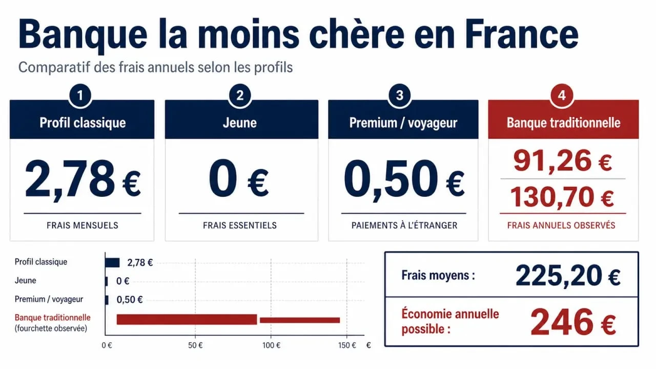 Comparatif de la banque la moins cher en France selon le profil bancaire avec frais annuels et économies possibles