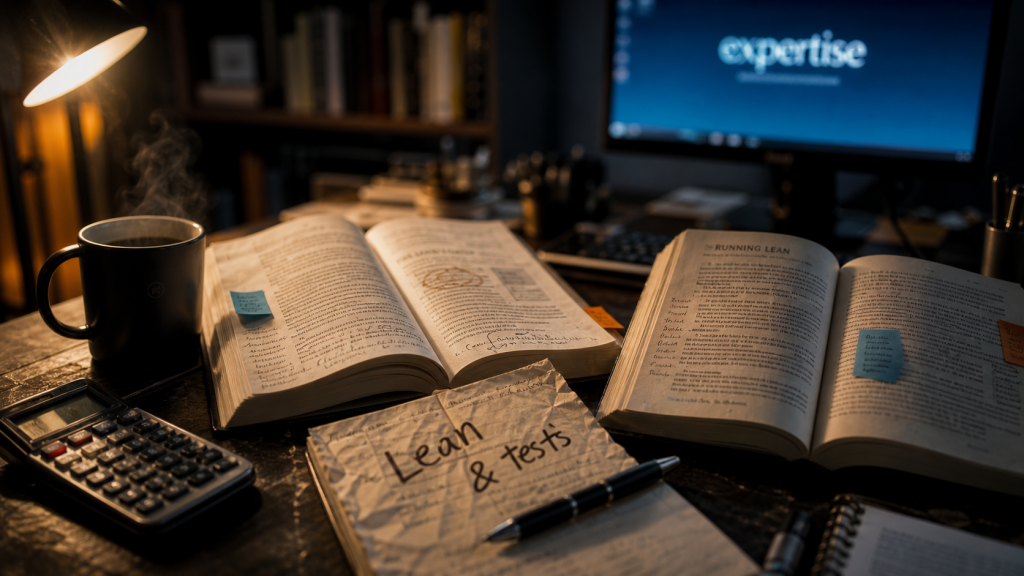 Entrepreneuriat livre : livres ouverts, tests et café sur un bureau
