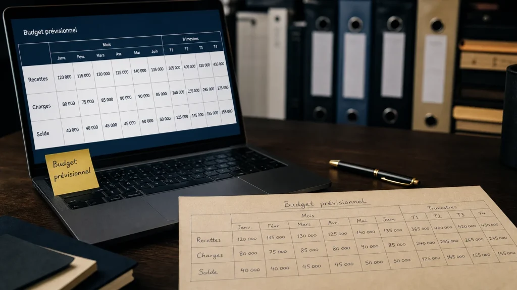 Exemple de budget prévisionnel : recettes, charges et trésorerie dans un tableau simple