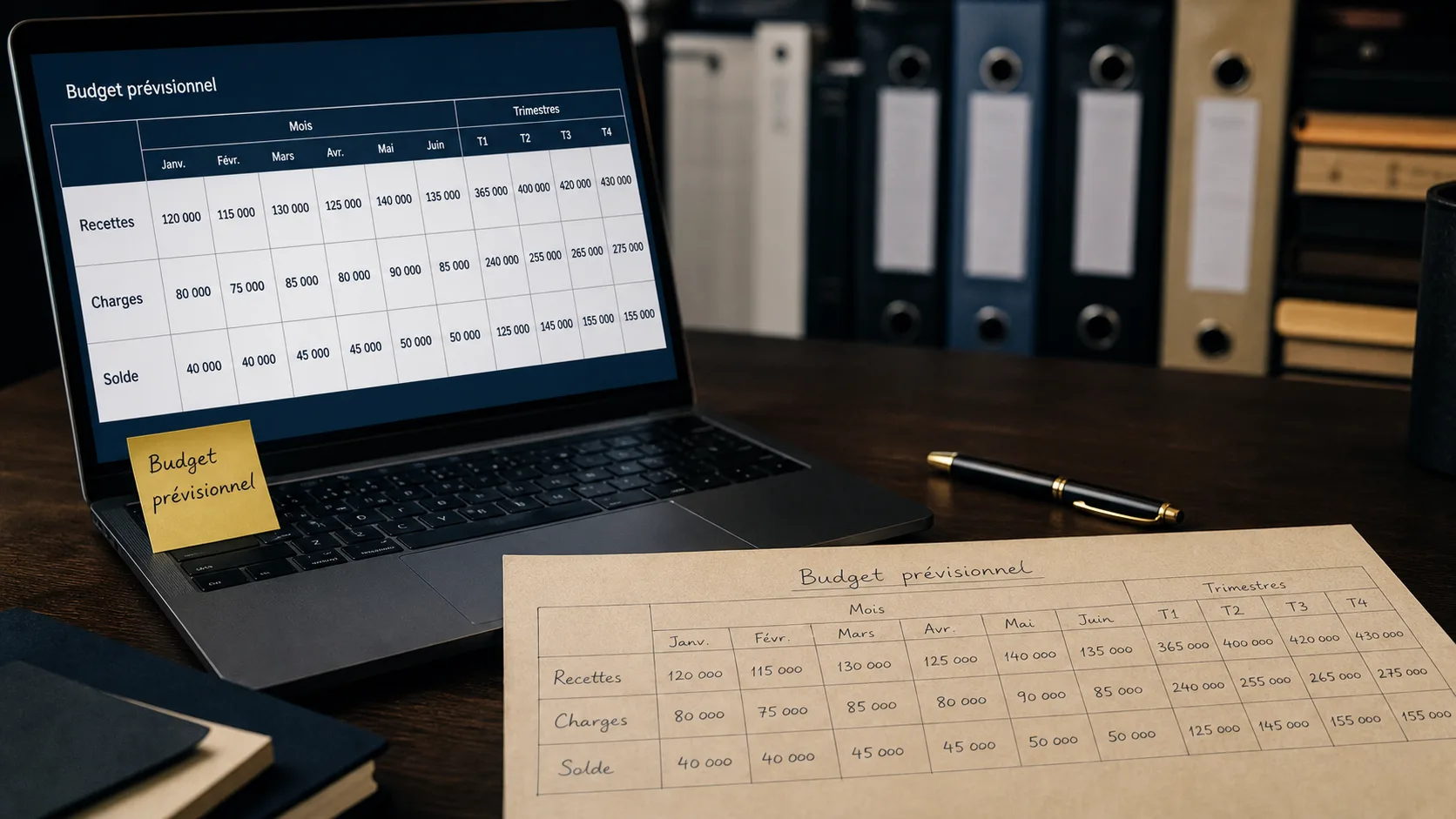 Exemple budget prévisionnel : recettes charges trésorerie, tableau au bureau