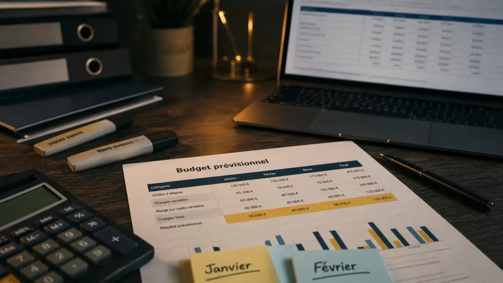 Exemple de budget prévisionnel : recettes, charges et trésorerie dans un tableau simple