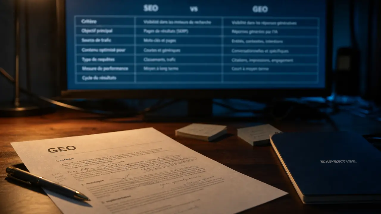 Référencement IA : comparaison SEO vs GEO sur écran, prêt pour ChatGPT et Gemini