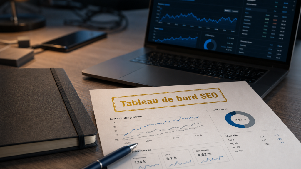 Suivi positionnement site web : dashboard SEO positions et CTR sur ordinateur