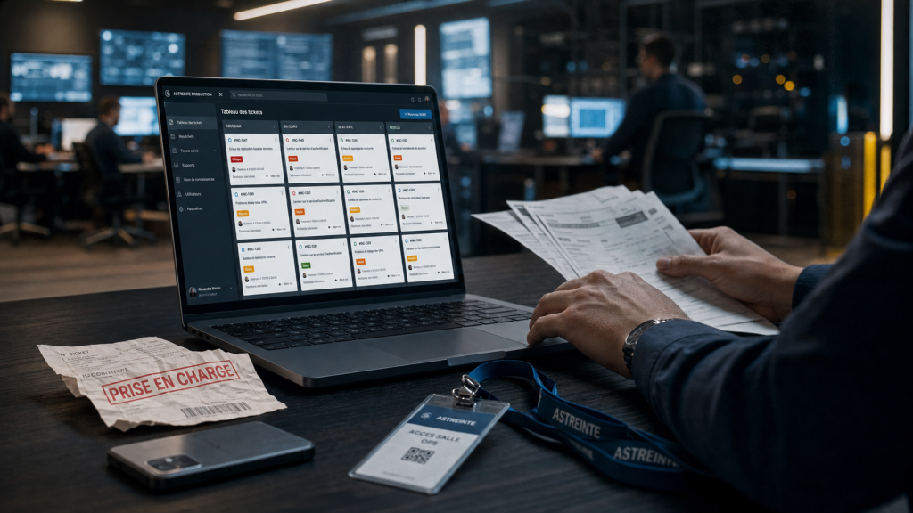 Système de ticketing : laptop et tickets pour prioriser la prise en charge