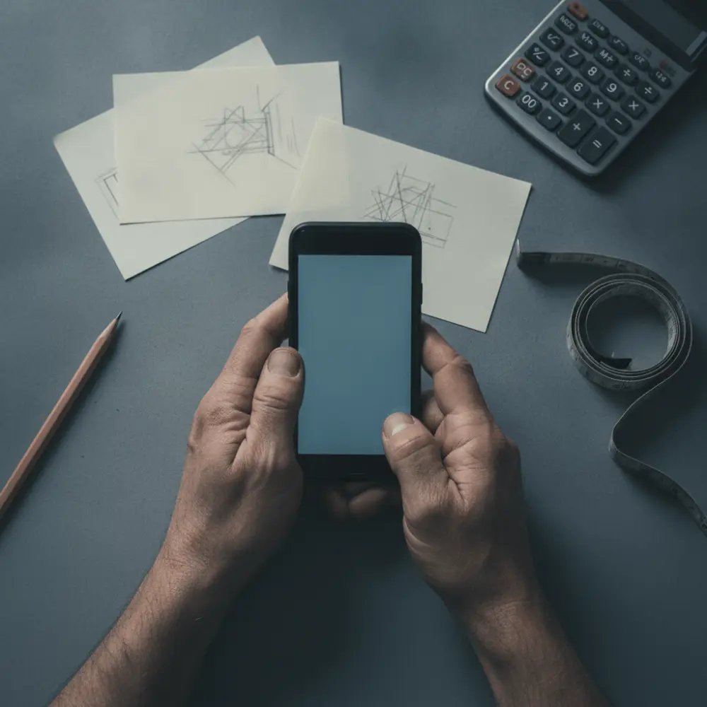 Mains d'artisan comparant les options de logiciels de relance SMS avec notes de travail