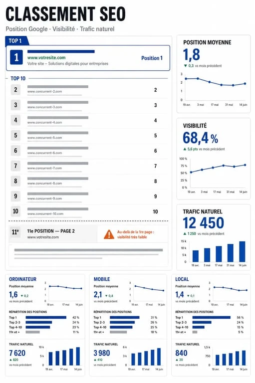 Seo ranking : tableau de bord visuel montrant position, visibilité et trafic naturel dans Google