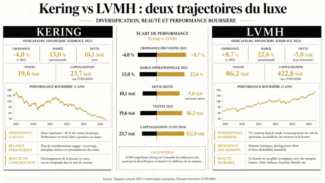 Comparatif visuel kering et lvmh sur leurs performances financières et stratégies