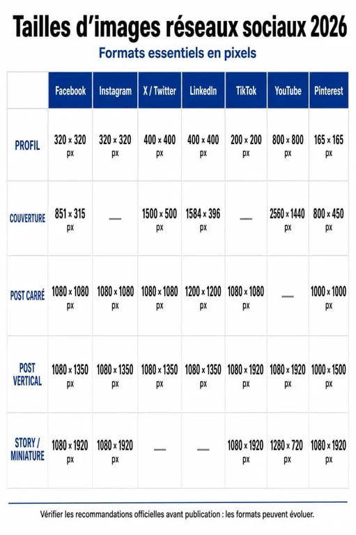 Taille image réseaux sociaux : infographie des formats essentiels pour Facebook, Instagram, X/Twitter, LinkedIn, TikTok, YouTube et Pinterest