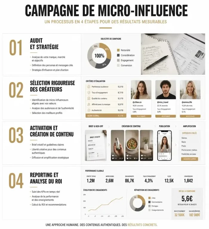 Infographie sur le processus de collaboration avec une agence de micro-influence pour des campagnes marketing performantes