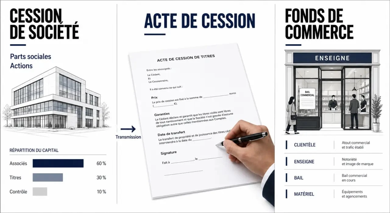 Cession entreprise : schéma comparatif entre parts sociales, actions et fonds de commerce