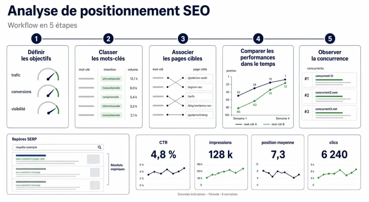 Analyse positionnement referencement SEO en 5 étapes avec CTR, impressions, position moyenne et concurrence