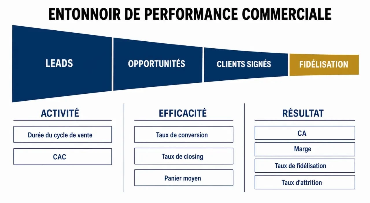 Performance commerciale : entonnoir de KPI, conversion, CAC et fidélisation