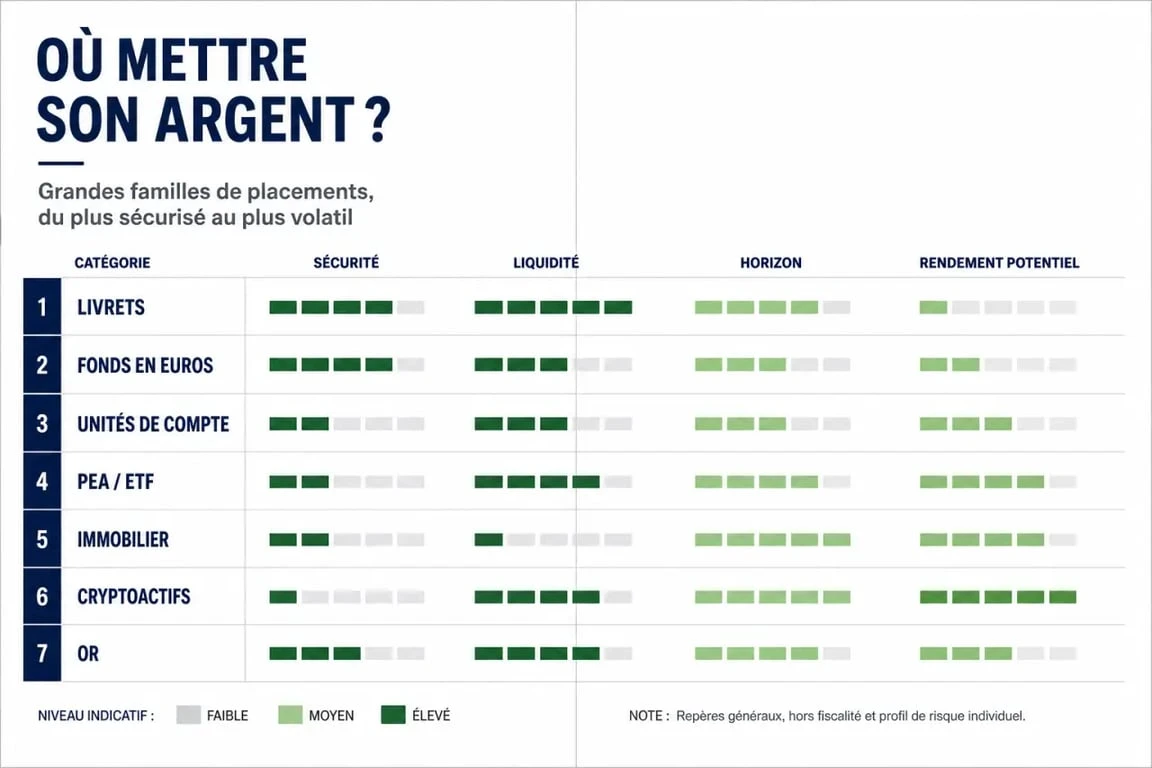 Où mettre son argent : comparatif visuel des placements selon sécurité, liquidité et rendement