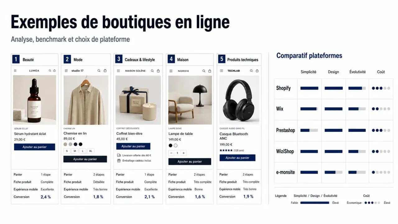Exemple de boutique en ligne : illustration comparative éditoriale des types de boutiques et des plateformes e-commerce
