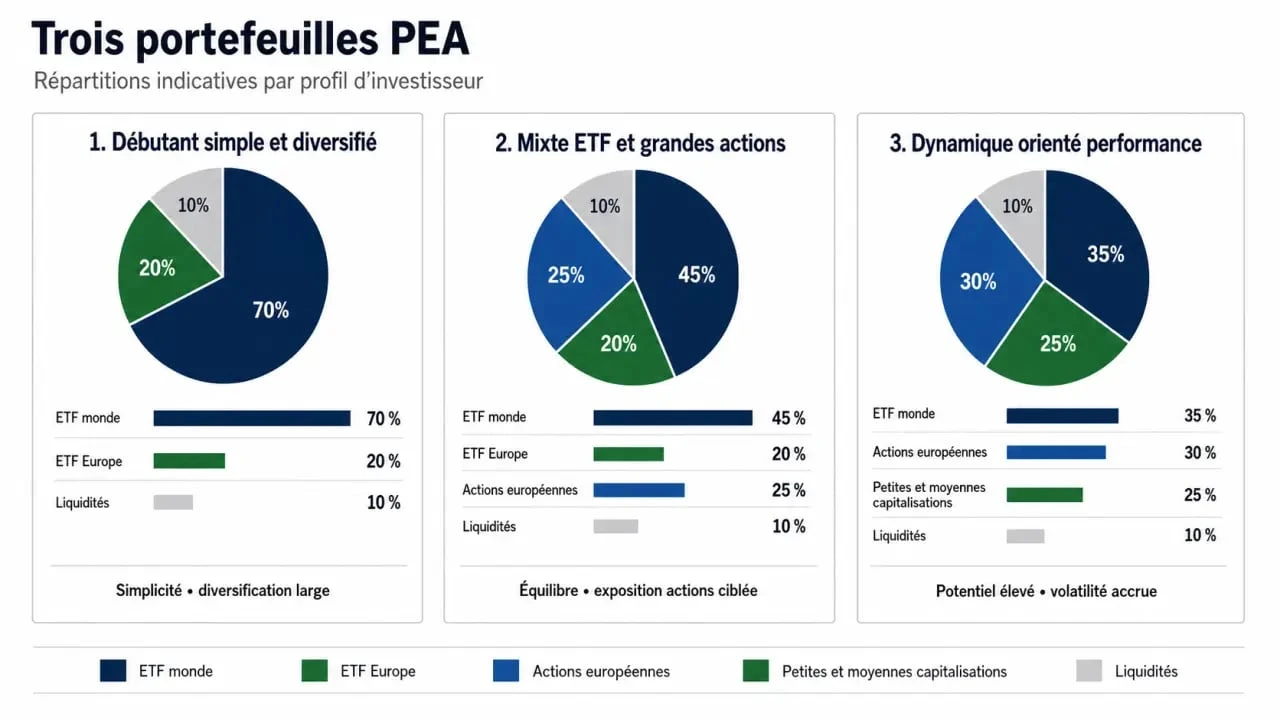 Exemple portefeuille PEA avec trois allocations types en infographie sobre
