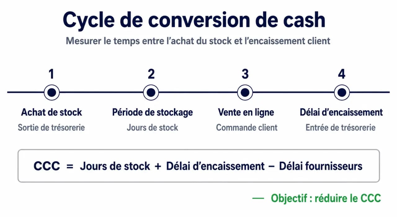 Schéma explicatif du Cash Conversion Cycle pour optimiser la gestion de trésorerie e-commerce