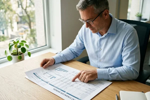 DIRIGEANT analysant des documents financiers pour optimiser un revenu passif, stratégie clé pour indépendants.