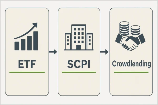 Grapphique montrant une progression: ETF, SCPI puis Crowdlending, avec flèches reliant les étapes. Alternance de icônes et texte. Alt intégrant le concept revenu passif dirigeant.