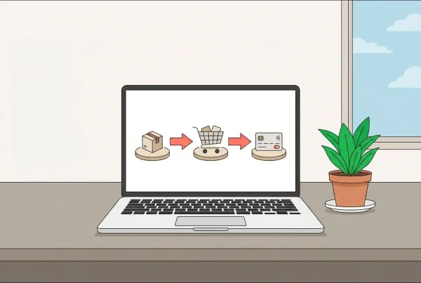 Transition d’achat en ligne simulée sur un laptop, symbolisant le revenu passif dirigeant et la diversification des revenus.