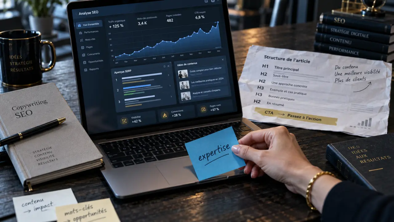 Photo copywriting seo : bureau et écran SEO, méthode pour convertir